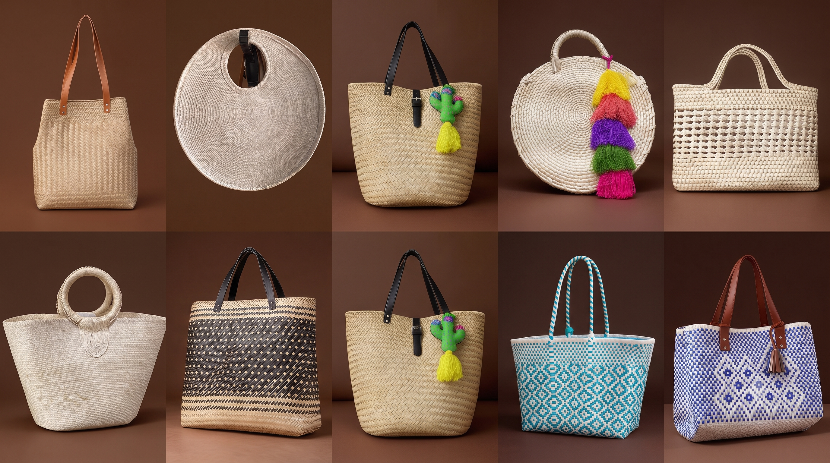 Bolsas y morrales de fibras naturales y plástico colorido