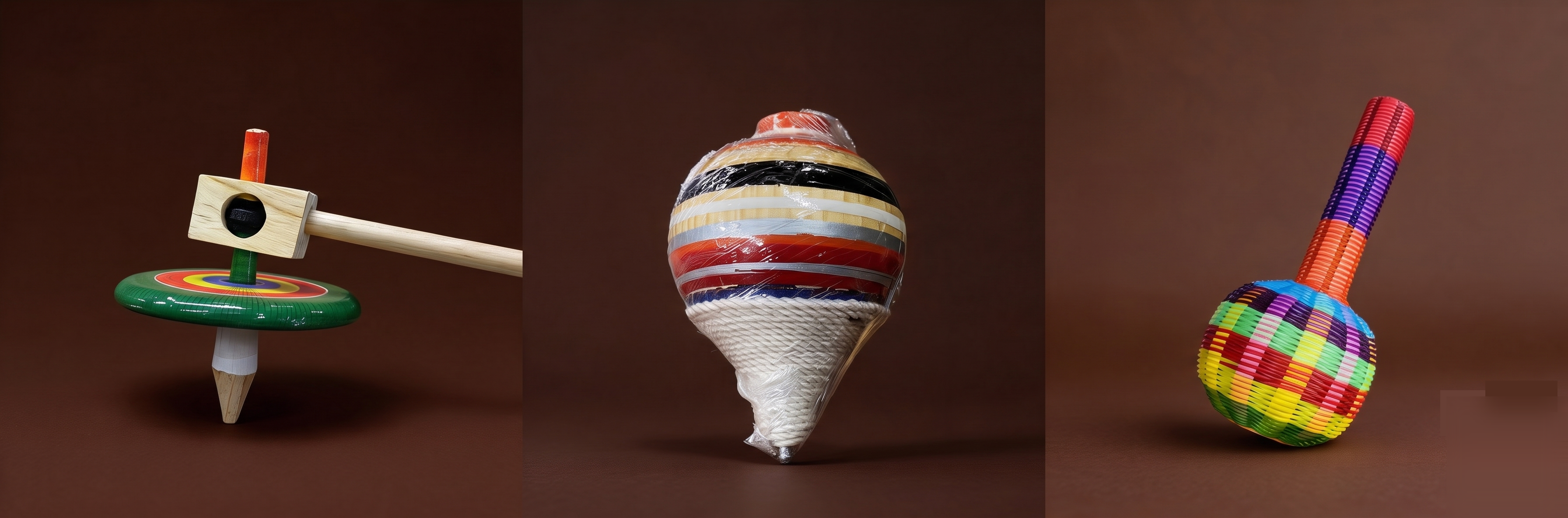 Juguetes artesanales tradicionales: trompo, balero y sonaja