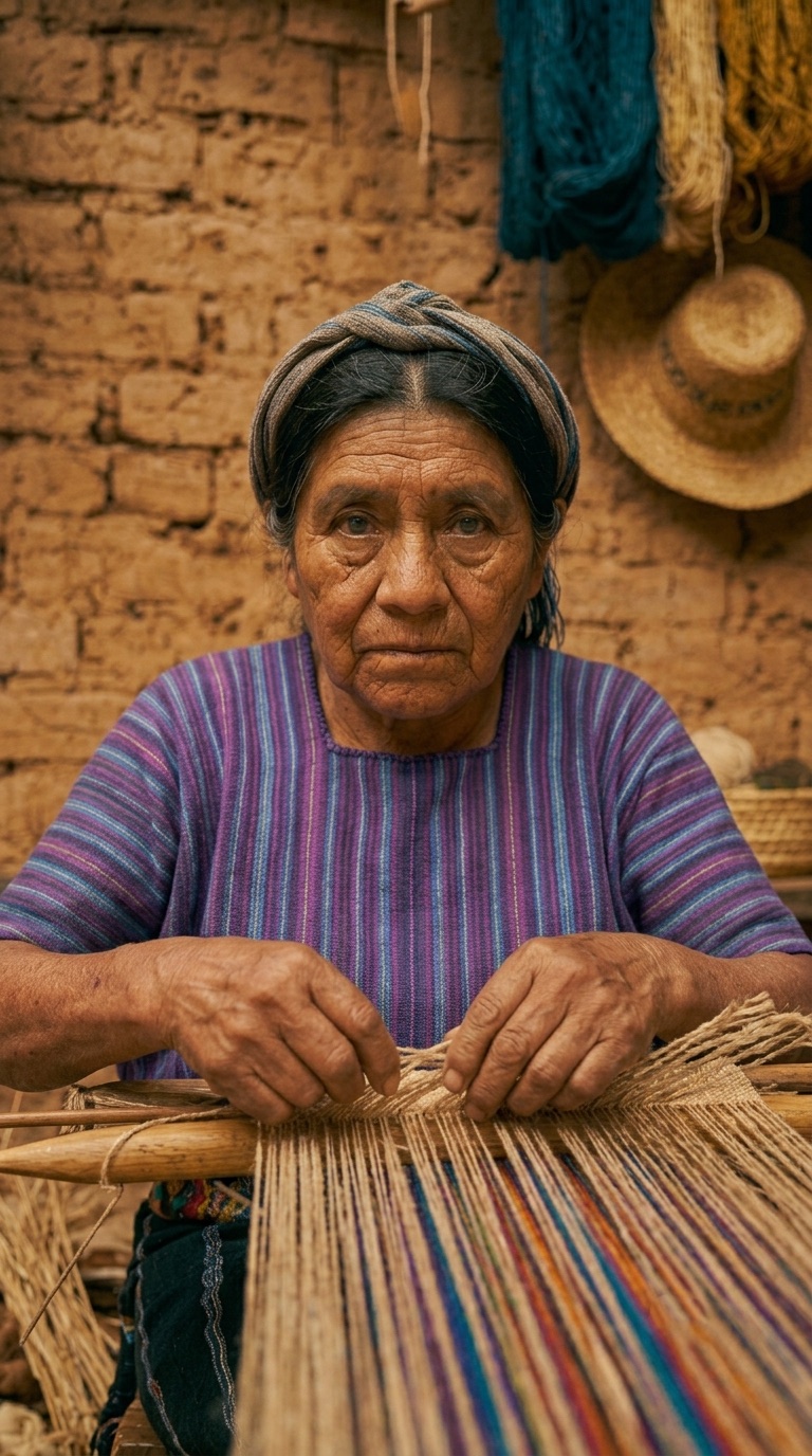Maestra artesana tejiendo en telar
